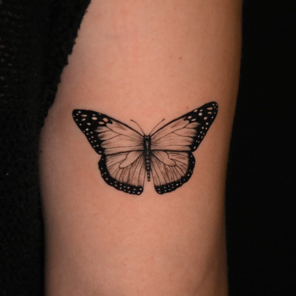Fine Line Black and Grey Monarch Butterfly Tattoo Tattoo Design