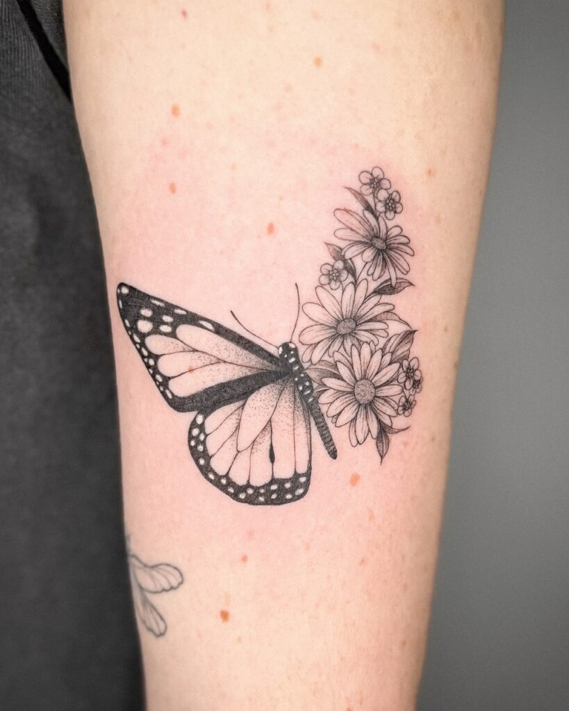 Half Monarch Butterfly Half Floral Tattoo Tattoo Design