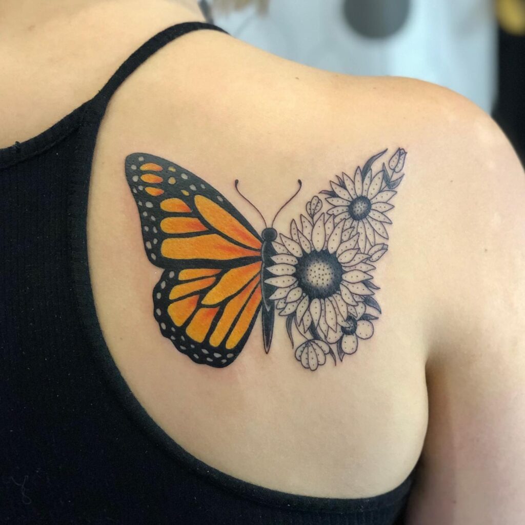 Half Monarch Butterfly Half Sunflower Tattoo on Shoulder Tattoo Design