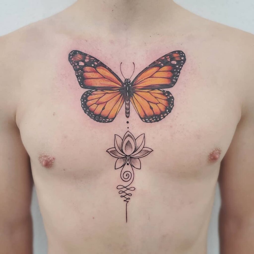 Monarch Butterfly and Lotus Chest Tattoo Tattoo Design