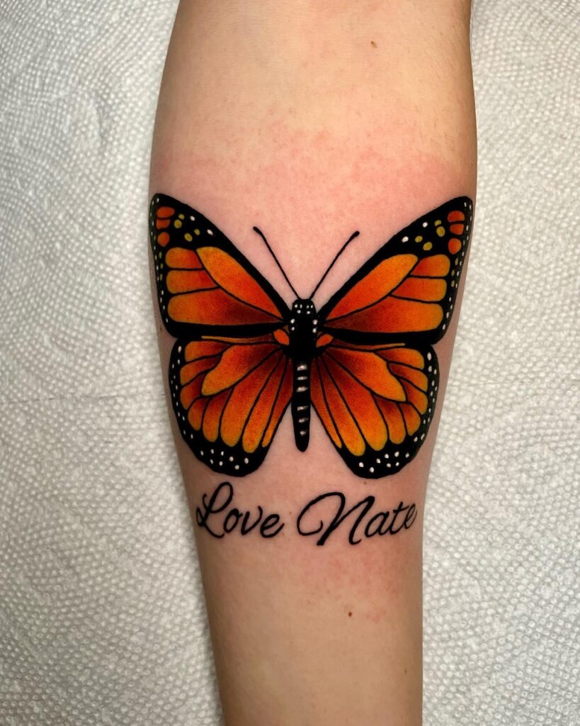 Monarch Butterfly Tattoo with Script Dedication Tattoo Design