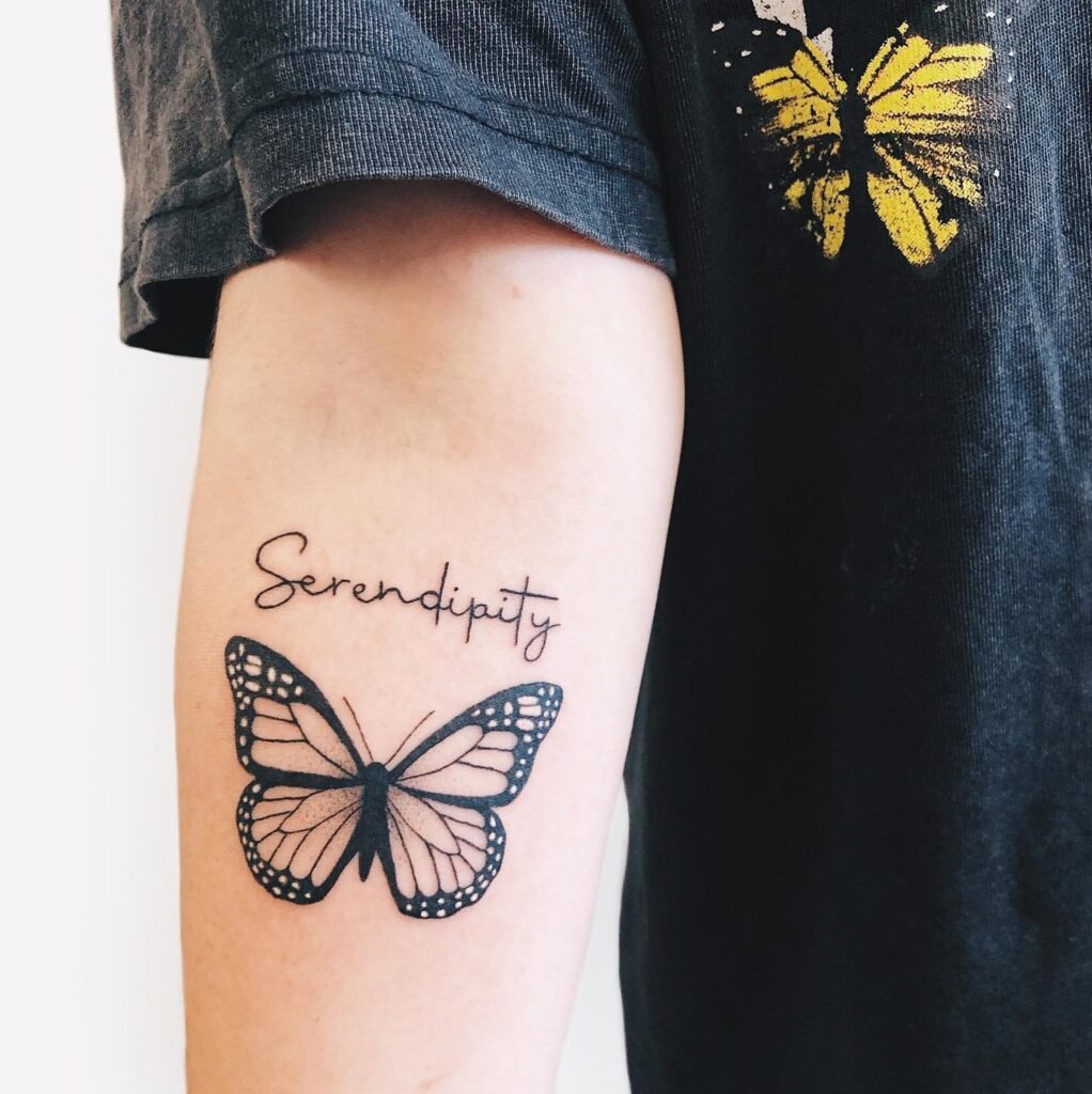 Monarch Butterfly Tattoo with Serendipity Script Tattoo Design