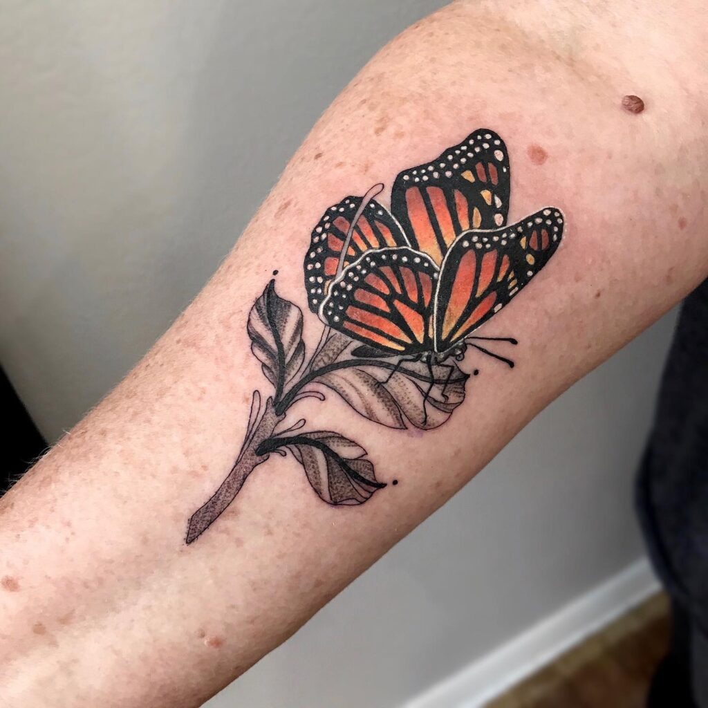 Monarch Butterfly with Leaves Tattoo Tattoo Design