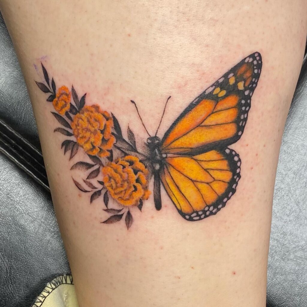 Monarch Butterfly with Marigolds Tattoo Tattoo Design
