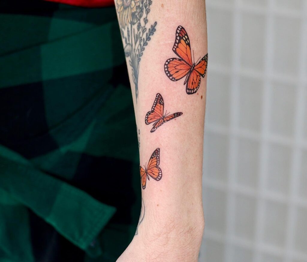 Three Monarch Butterfly Tattoos on Forearm Tattoo Design