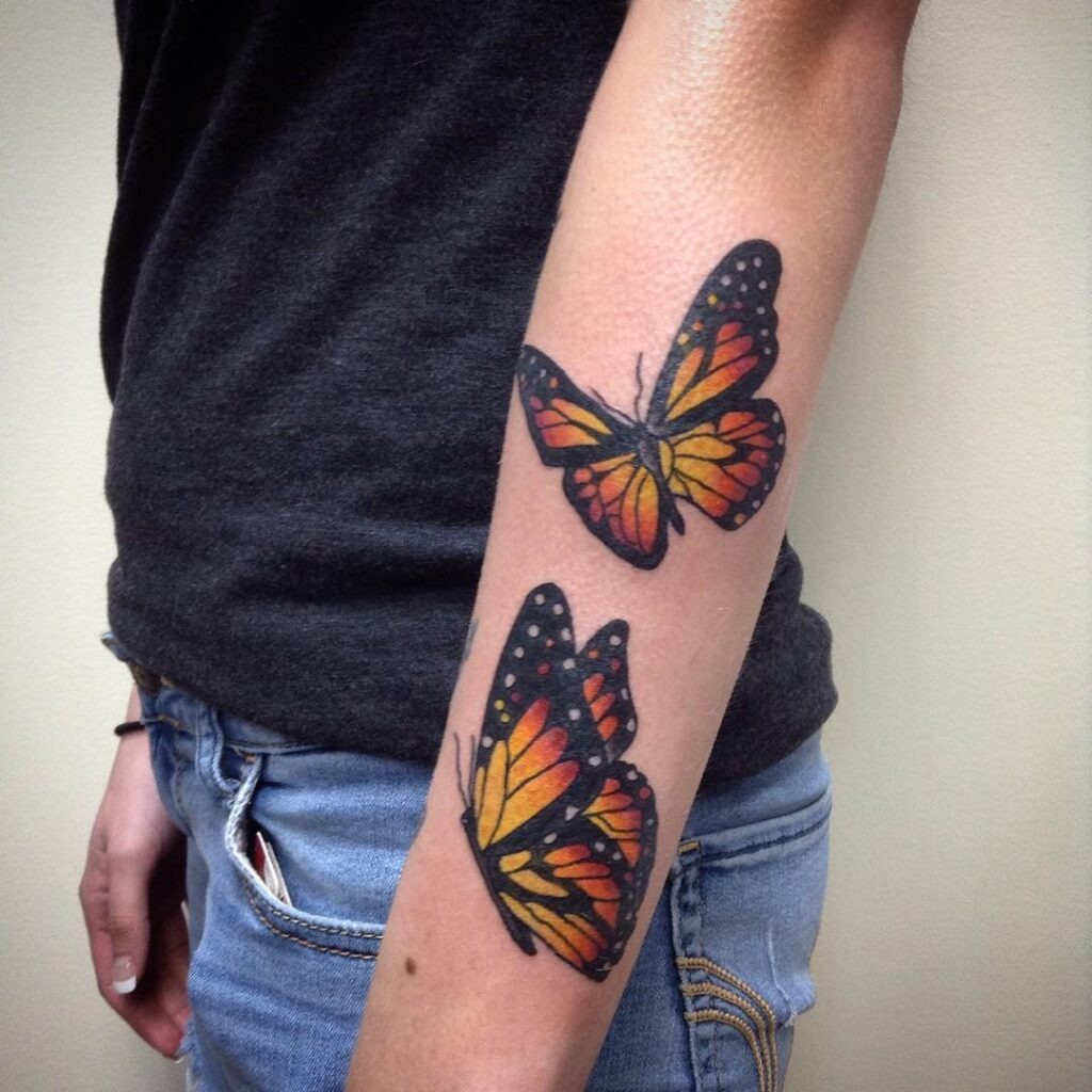 Two Monarch Butterfly Tattoos on Forearm Tattoo Design
