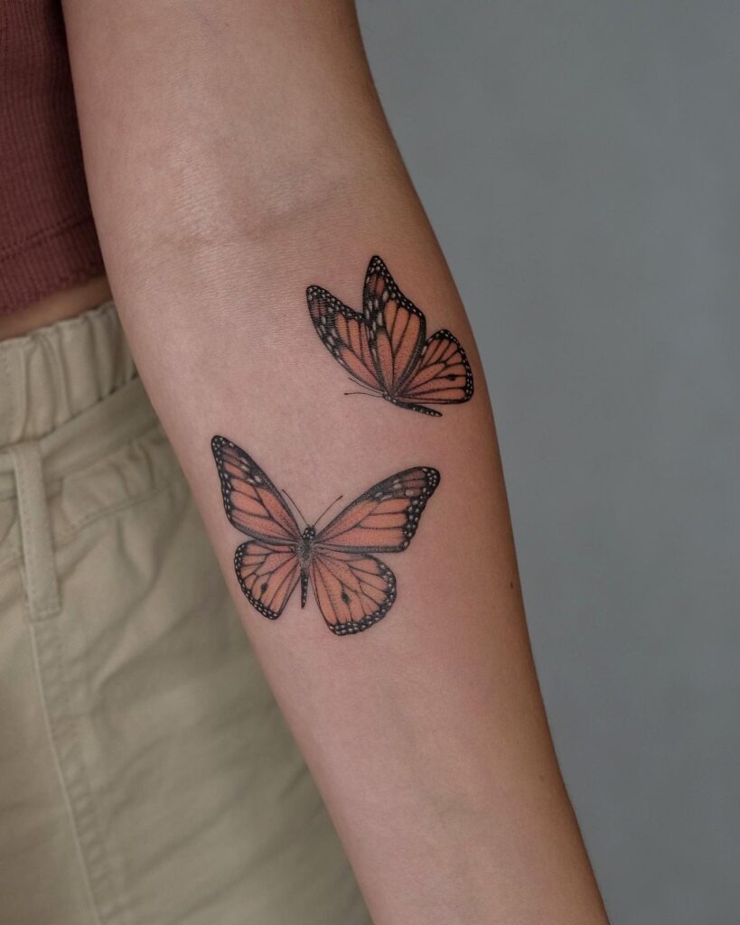 Two Monarch Butterfly Tattoos on Forearm Tattoo Design