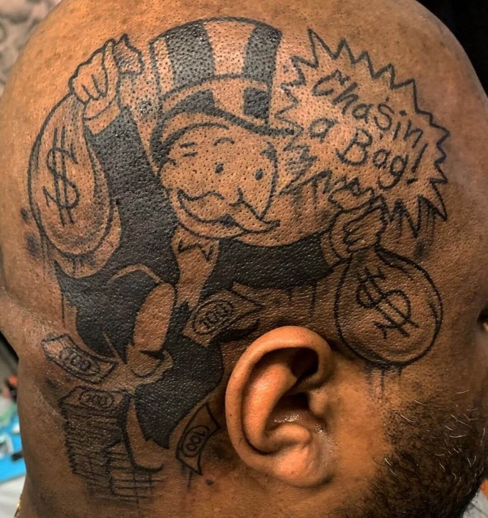 Hand-Drawn Style Monopoly Man on Hand Tattoo Design