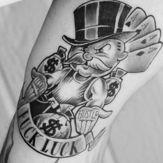 Monopoly Man with Hustle and Cards Tattoo Design