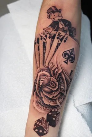 Monopoly Man with Playing Cards and Dice Tattoo Design