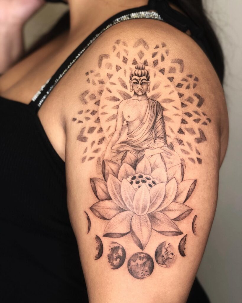 Buddha and Moon Phases Shoulder Tattoo Tattoo Design