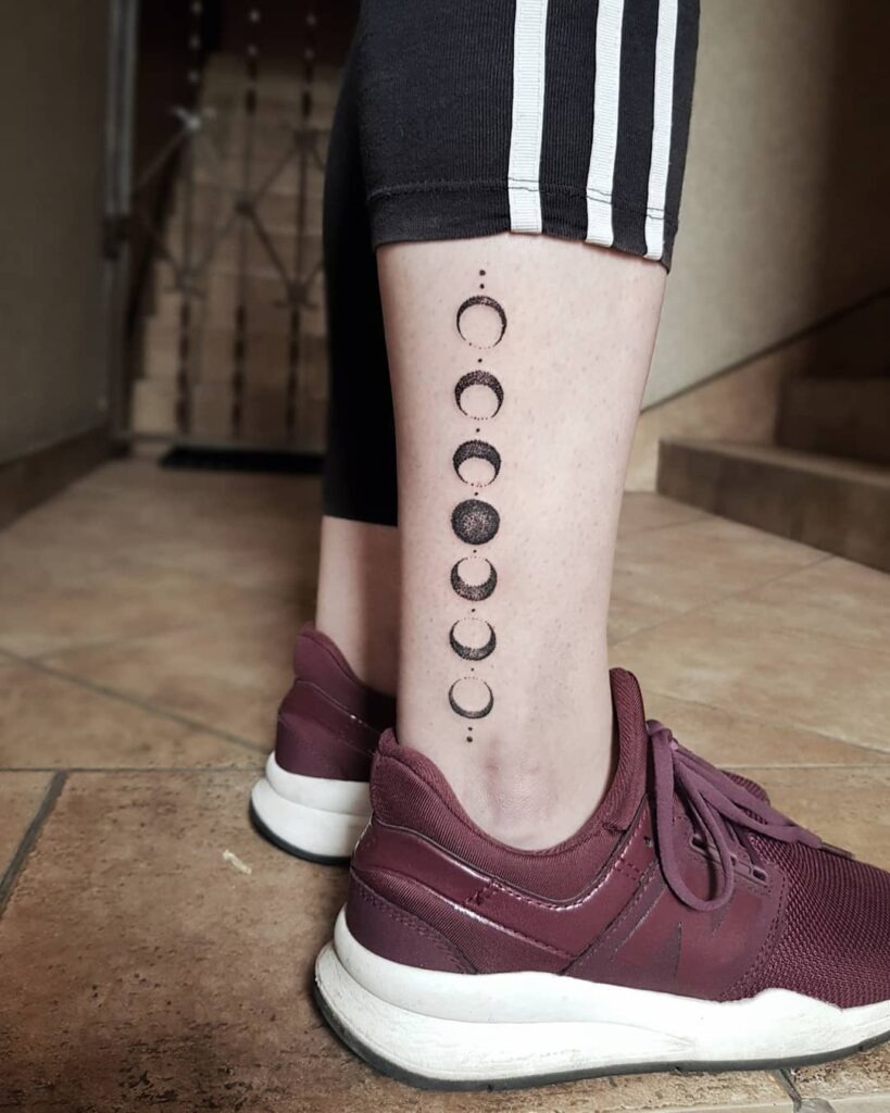 Calf Moon Phases Tattoo with Dotwork Tattoo Design