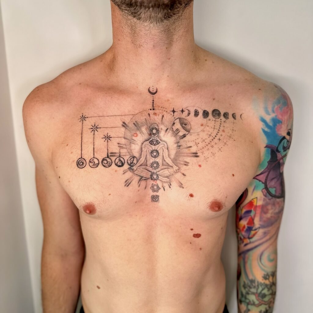 Cosmic Chakra and Moon Phases Chest Tattoo Tattoo Design