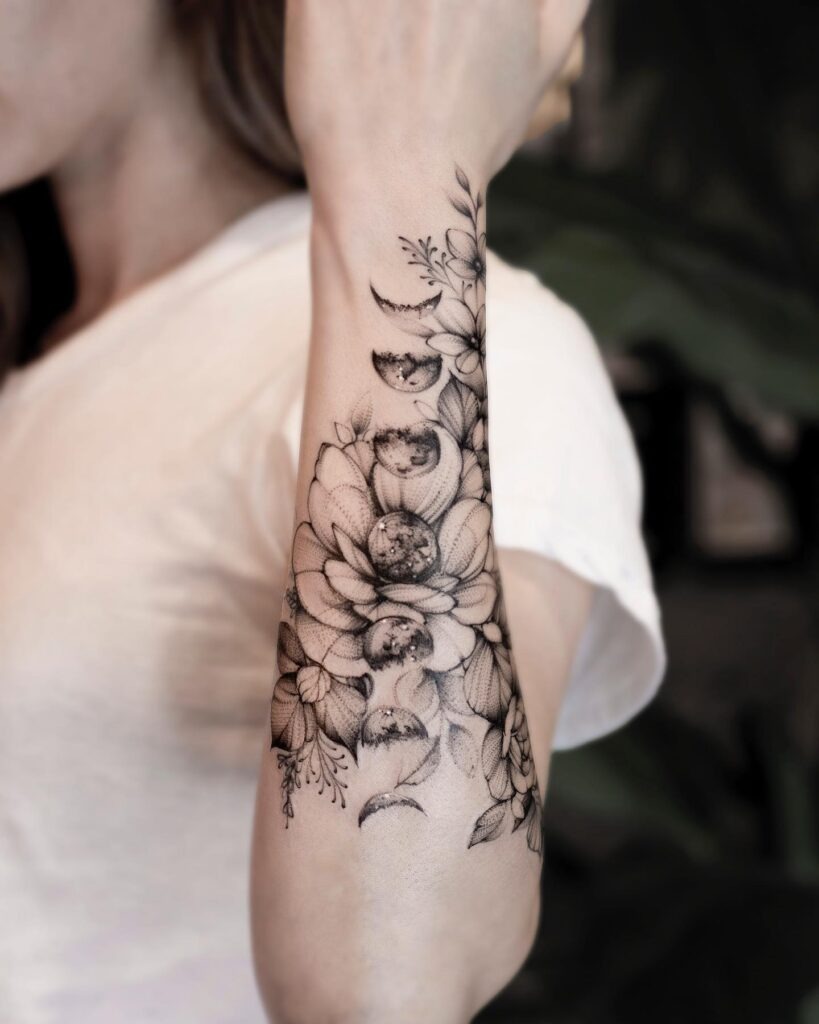 Floral Forearm Moon Phases Tattoo Tattoo Design