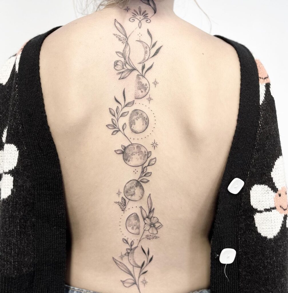 Floral Moon Phases Spine Tattoo Tattoo Design
