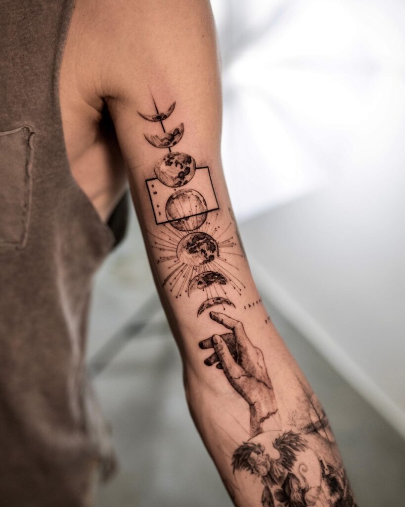 Geometric Moon Phases and Reaching Hand Tattoo Tattoo Design