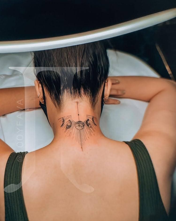 Neck Moon Phases Tattoo with Radiant Lines Tattoo Design