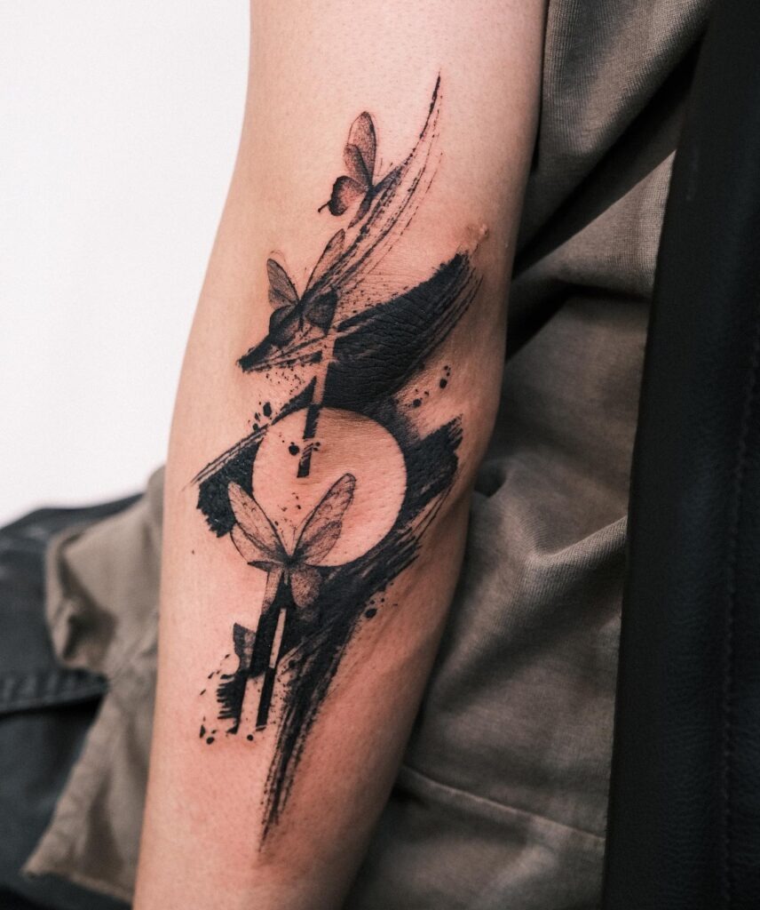 Butterflies and Moon Brushstroke Tattoo Tattoo Design