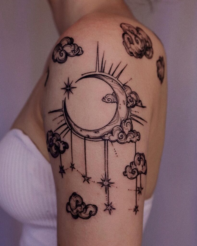 Celestial Crescent Moon and Clouds Tattoo Tattoo Design