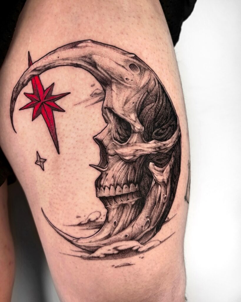 Crescent Moon Skull Tattoo with Red Star Tattoo Design