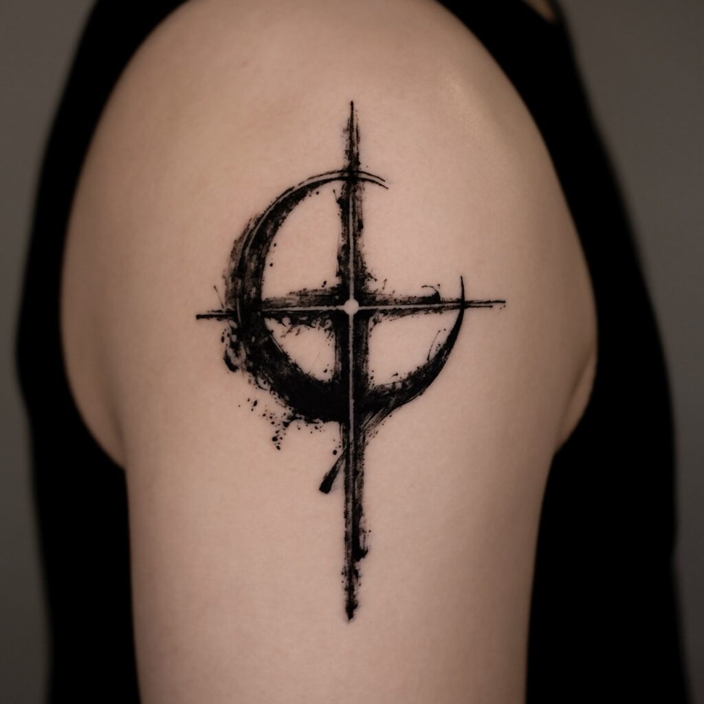 Dark Crescent and Cross Tattoo Tattoo Design