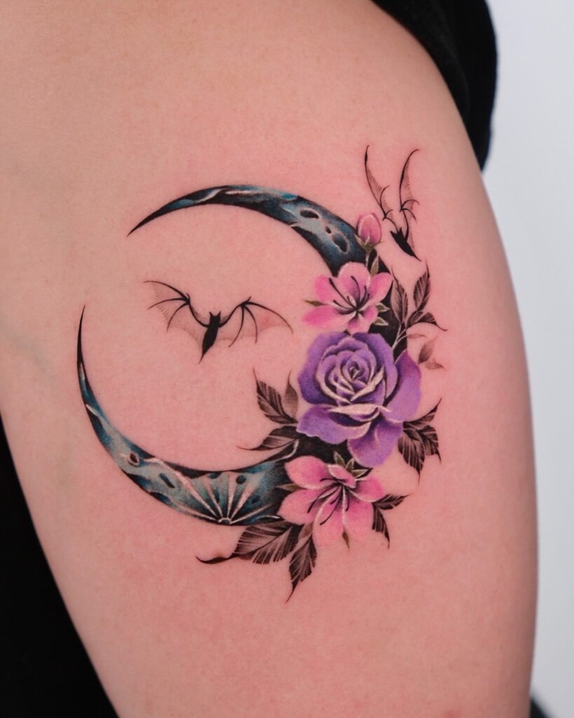 Floral Crescent Moon and Bats Tattoo Tattoo Design