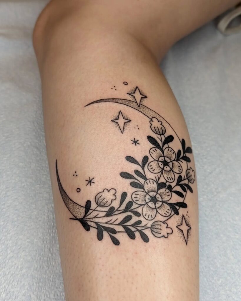 Floral Crescent Moon Tattoo Tattoo Design