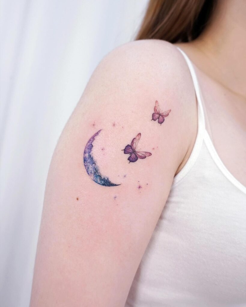Watercolor Crescent Moon and Butterflies Tattoo Tattoo Design