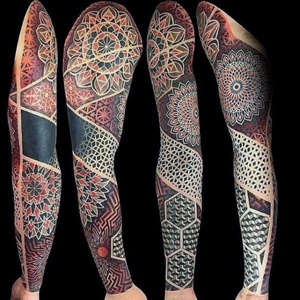 Black and White Shoulder and Back Mosaic Tattoo Design