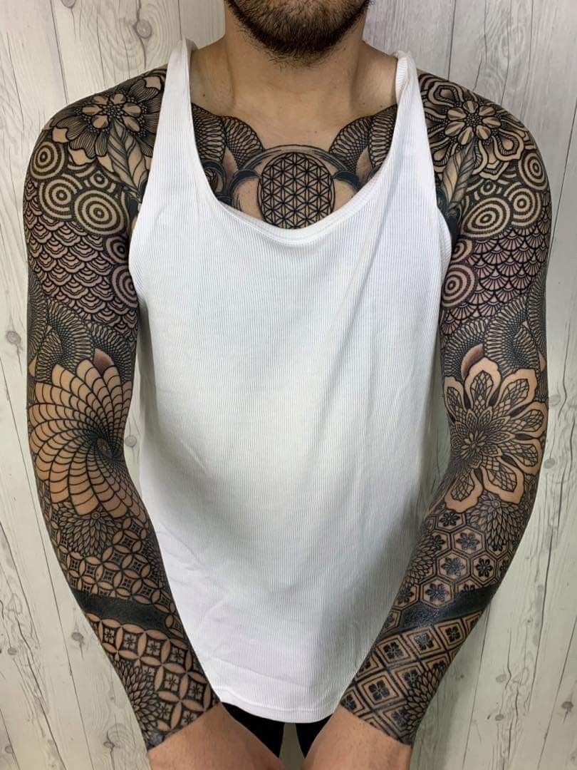 Black Hexagon Mosaic Shoulder and Arm Tattoo Mosaic Tattoos Tattoo Design