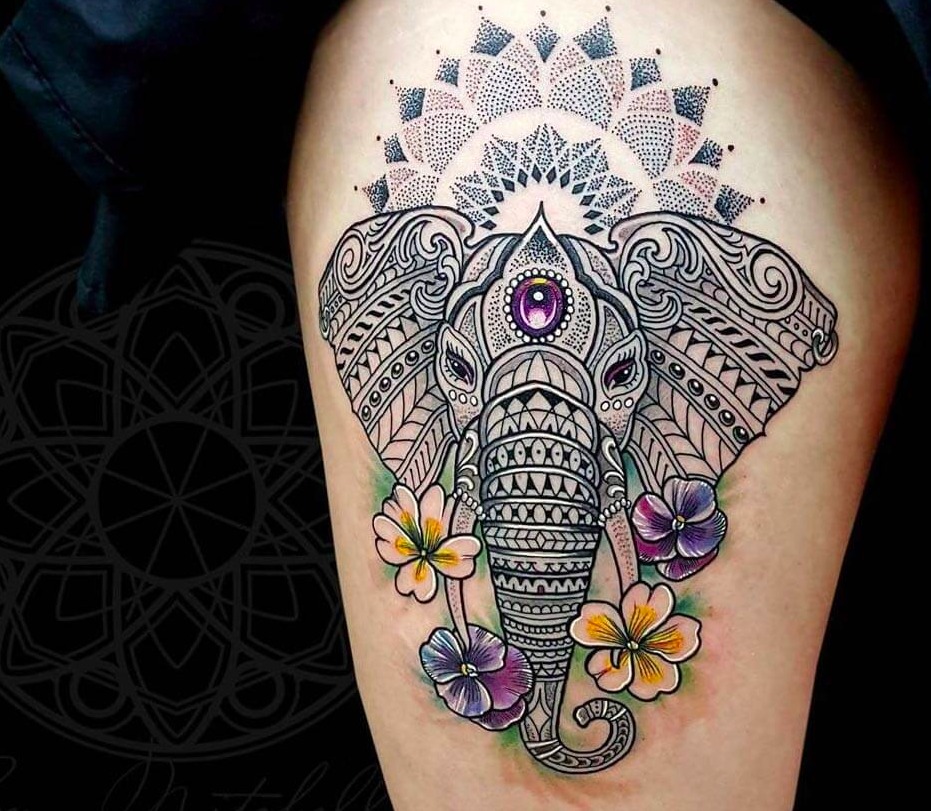 Exquisite Mosaic Elephant Tattoo on Thigh Amazing Mosaic Tattoos Tattoo Design