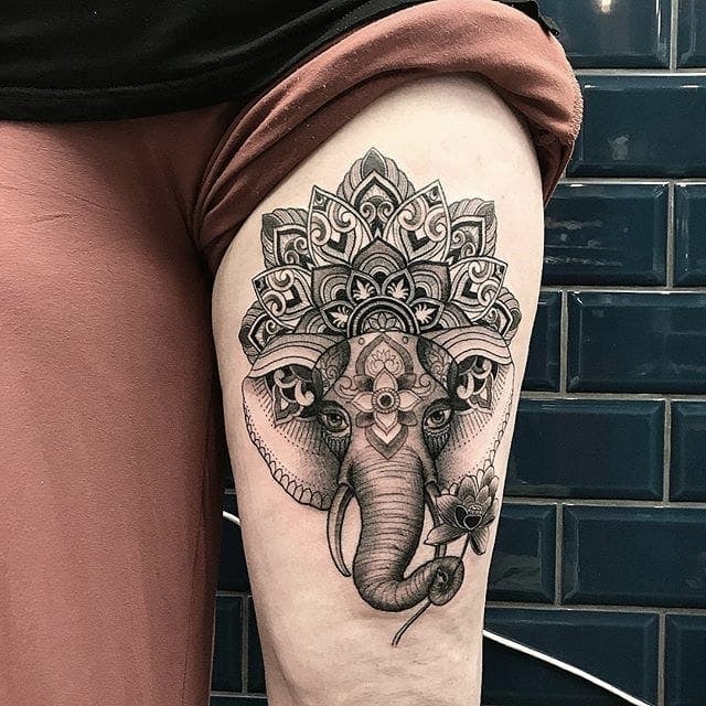 Flowers and Mandala Mosaic Upper Leg Tattoo Tattoo Design