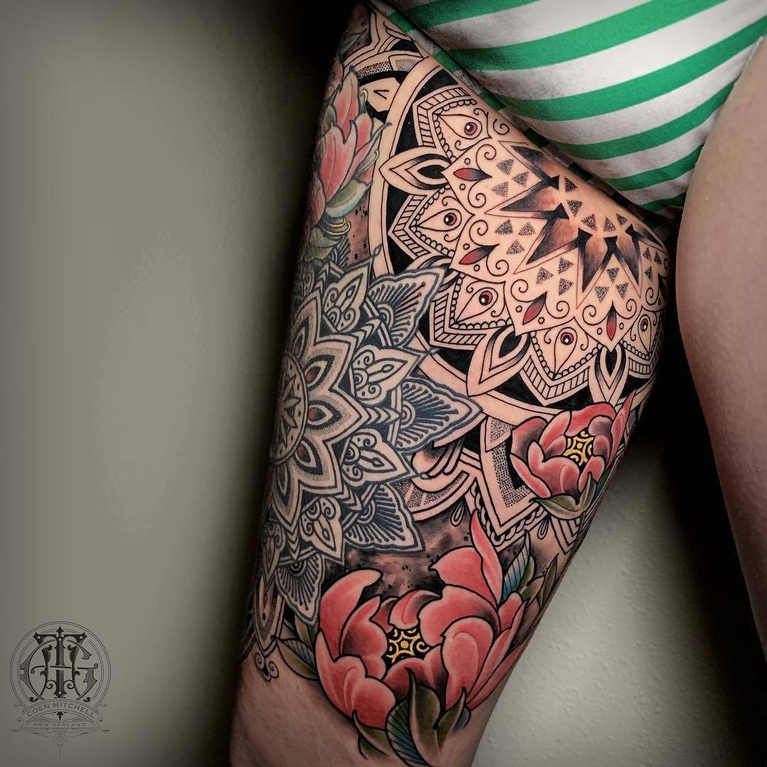 Large Mosaic Mandala Tattoo on Hip Tattoo Design