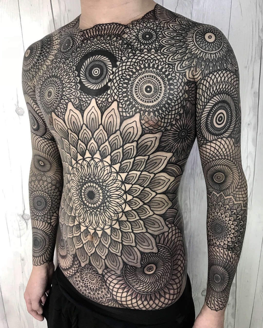 Multi-Patterned Chest, Shoulders, and Full Arm Tattoo Mosaic Tattoo Design Tattoo Design