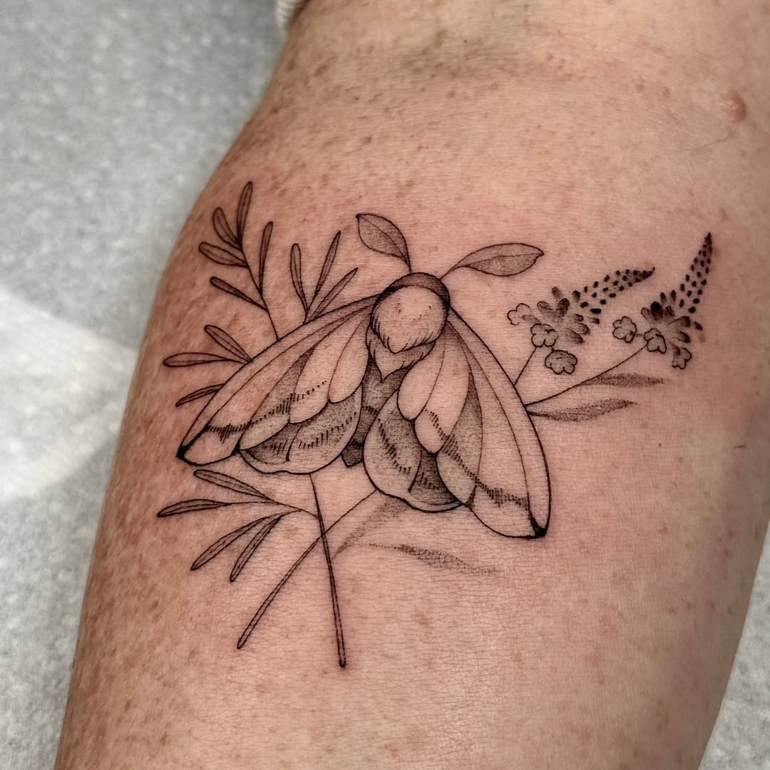 Elegant moth tattoo with floral accents Tattoo Design