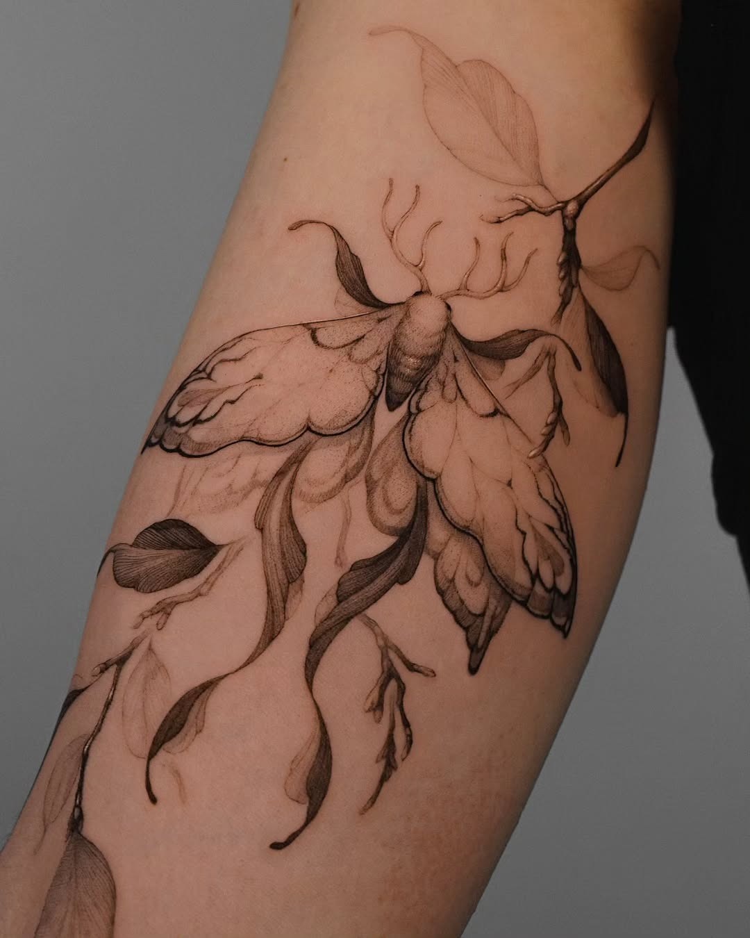 Elegant moth tattoo with floral elements Tattoo Design