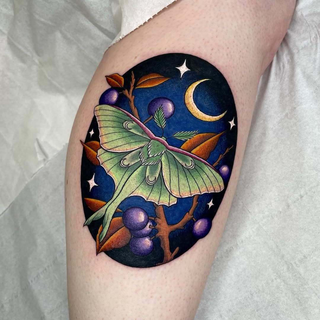 Elegant moth tattoo with moon and stars Tattoo Design