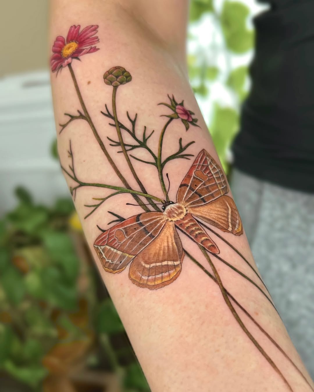 Elegant moth tattoo with vibrant floral accents Tattoo Design