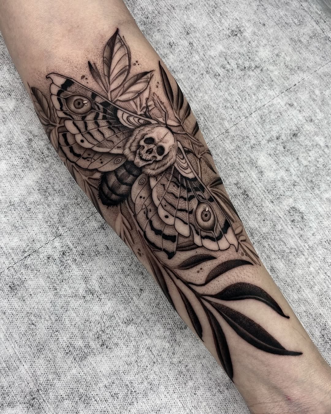 Intricate forearm moth tattoo with leaves and skull Tattoo Design