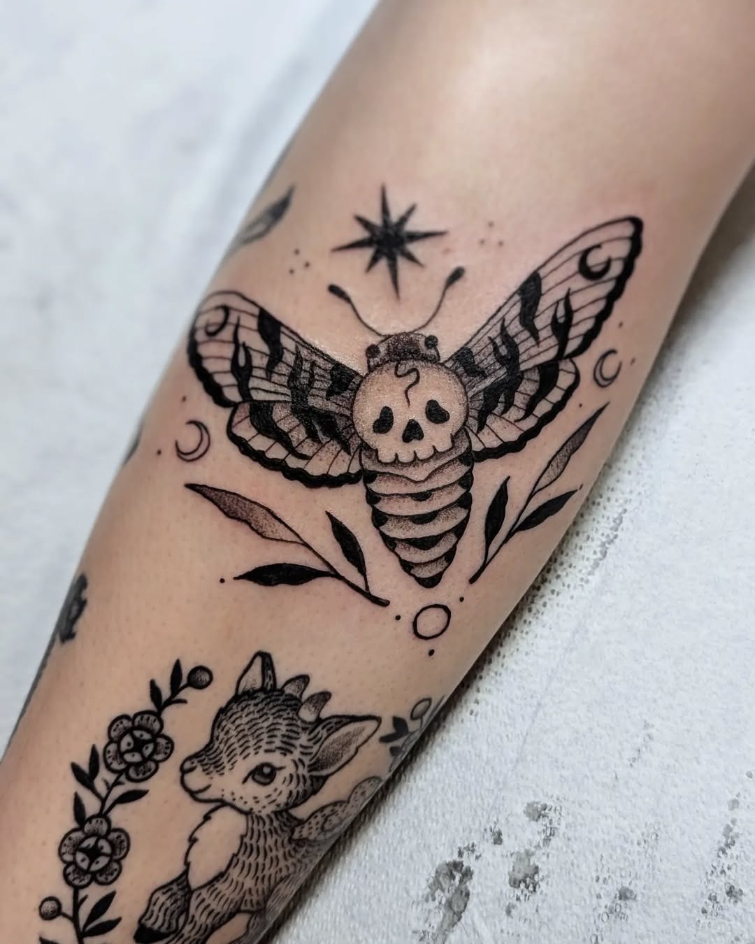 Intricate skull moth tattoo design with foliage Tattoo Design