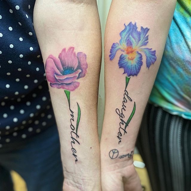 Colorful Iris & Poppy Mother-Daughter Stem Tattoo Tattoo Design