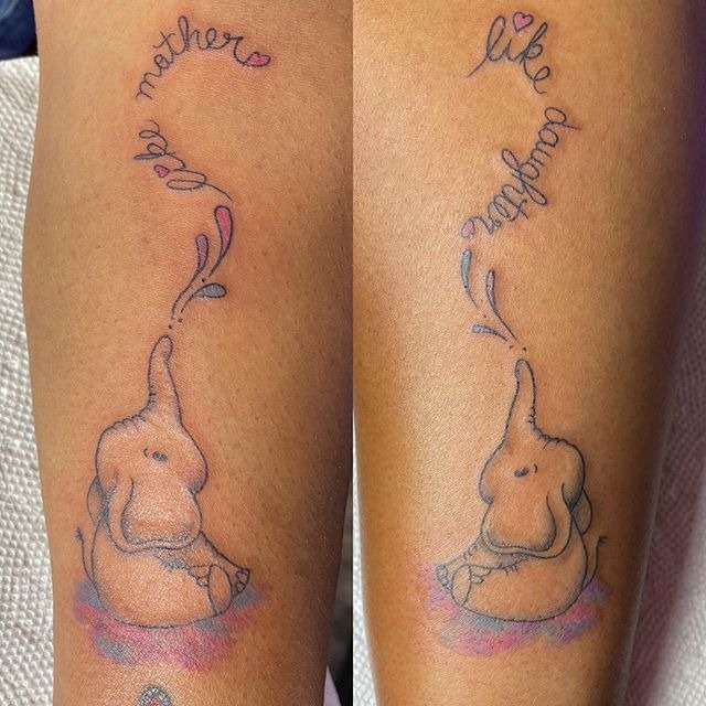Cute Coordinating Elephants with Water Droplet Words Tattoo Design