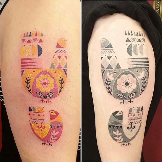 Folk Art Mother Hen & Chick Mirrored Tattoos Tattoo Design
