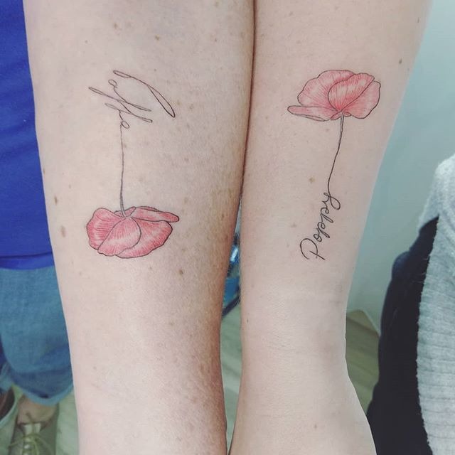 Matching Artistic Poppy Tattoos with Named Stems Tattoo Design