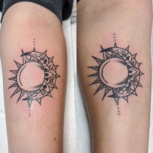 Matching Sun and Moon Tattoos on Inner Forearm Tattoo Design