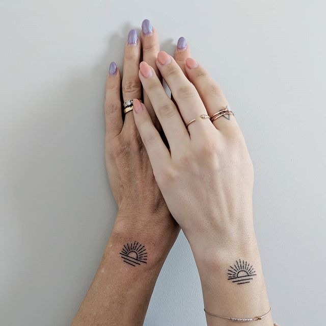 Ocean Sunset Matching Wrist Tattoos Tattoo Design
