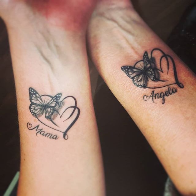 Realistic Butterfly and Hearts with Names Tattoo Tattoo Design