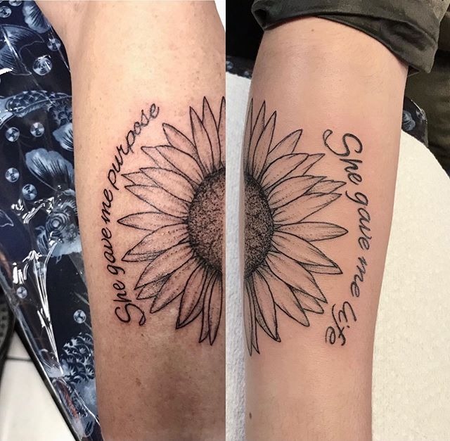 “She Gave Me…” Matching Half-Sunflower Tattoos Tattoo Design