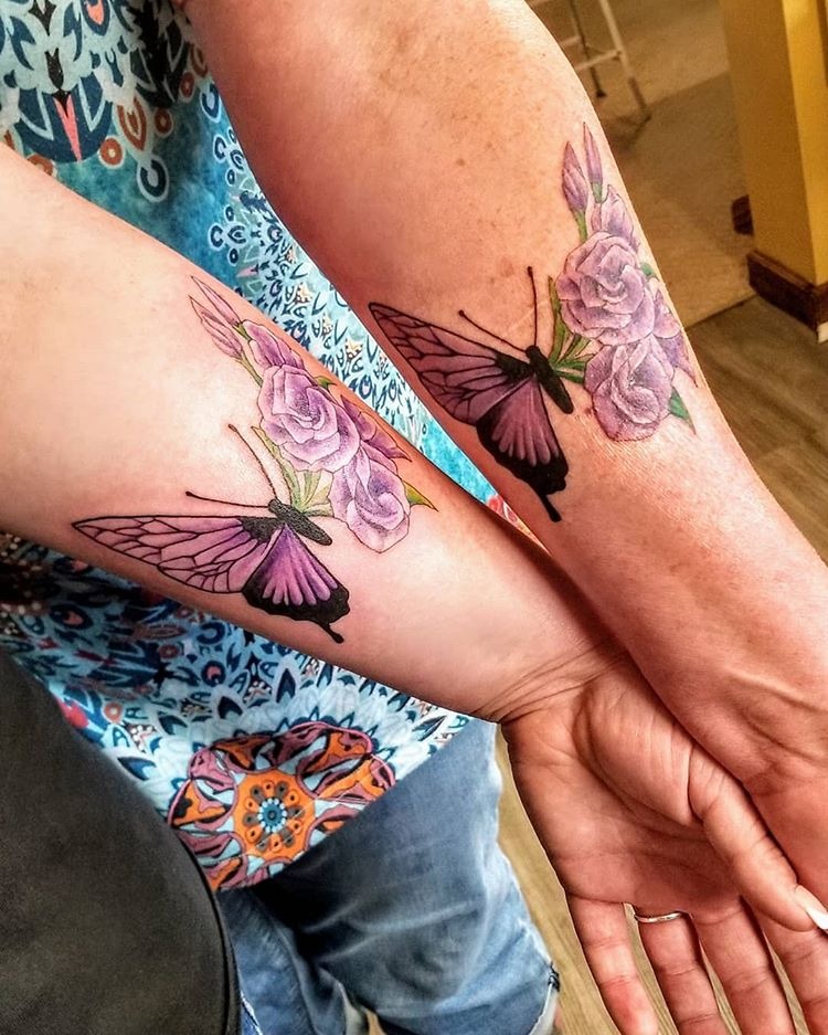 Unique Purple Butterfly and Roses Matching Tattoos Tattoo Design