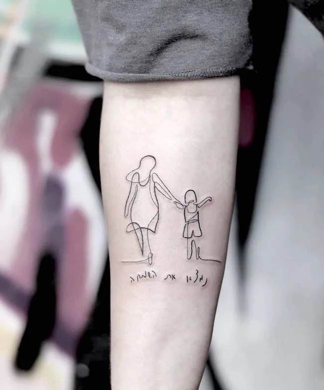 A Delicate Line Drawing of Mother and Child Holding Hands Tattoo Design